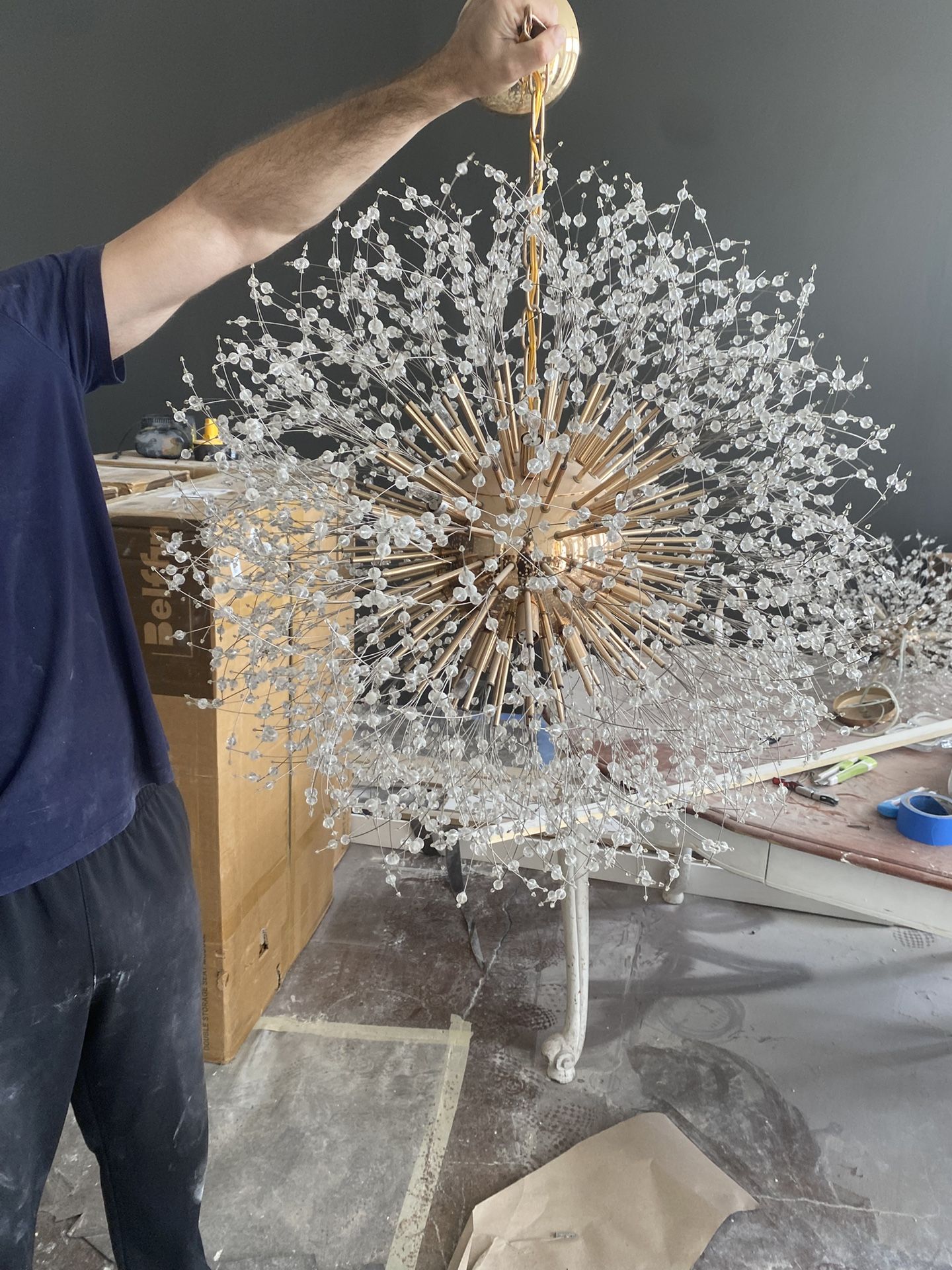 Beautiful Gold And White Chandelier With White Crystals