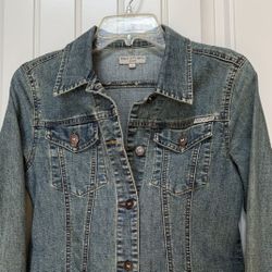 Max Studio denim jacket/brown suede code detail small in excellent condition 
