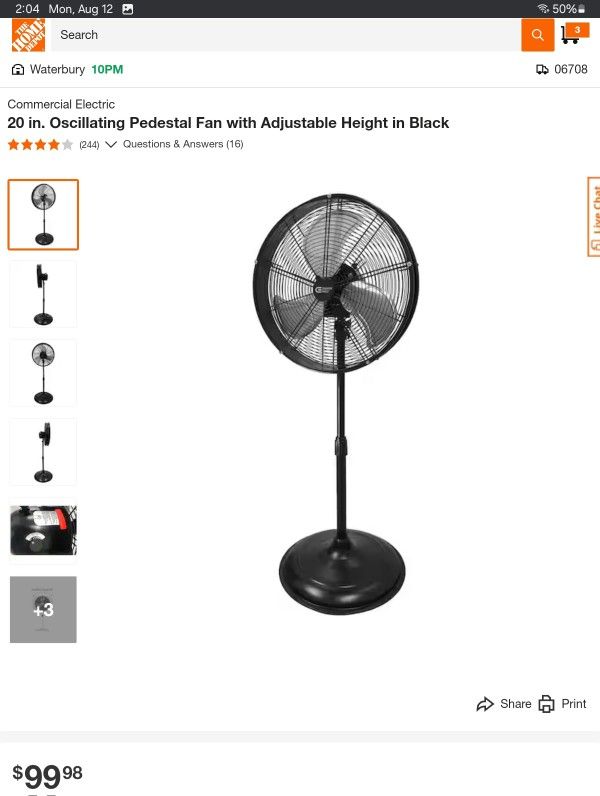 20 in. Oscillating Pedestal Fan with Adjustable Height in Black

