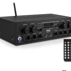 Pyle PTA42BT Wireless Karaoke Bluetooth Stereo Receiver - 4 Channel Power Amplifier w/USB,2 Microphone Input w/ Echo,Talkover for PA Great for Home Sp