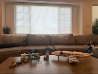 Airport lego set w/(Plane, Airport terminal, luggage cart, and ATC tower)