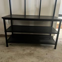 Black Metal Entryway Coat Rack with Bench and Shoe Shelves