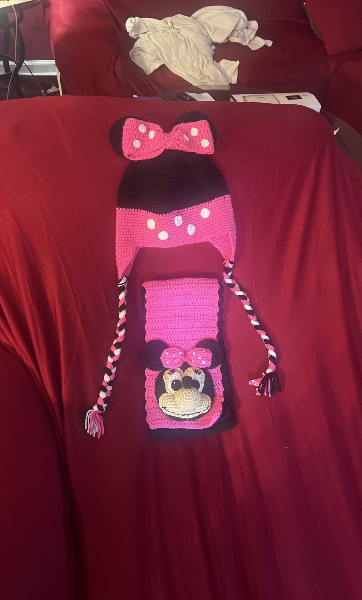 Brand New Crocheted Minnie Mouse Scarf Set
