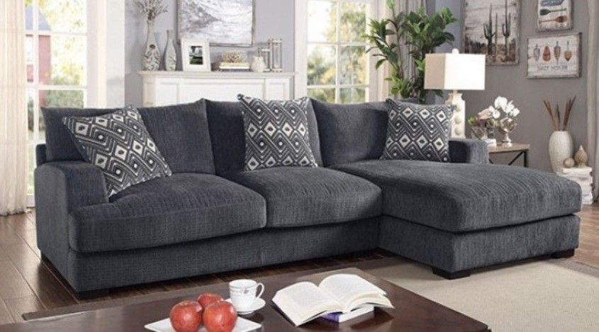 Brand New Grey Super Plush Chenille Sectional Sofa (Pillows Included)