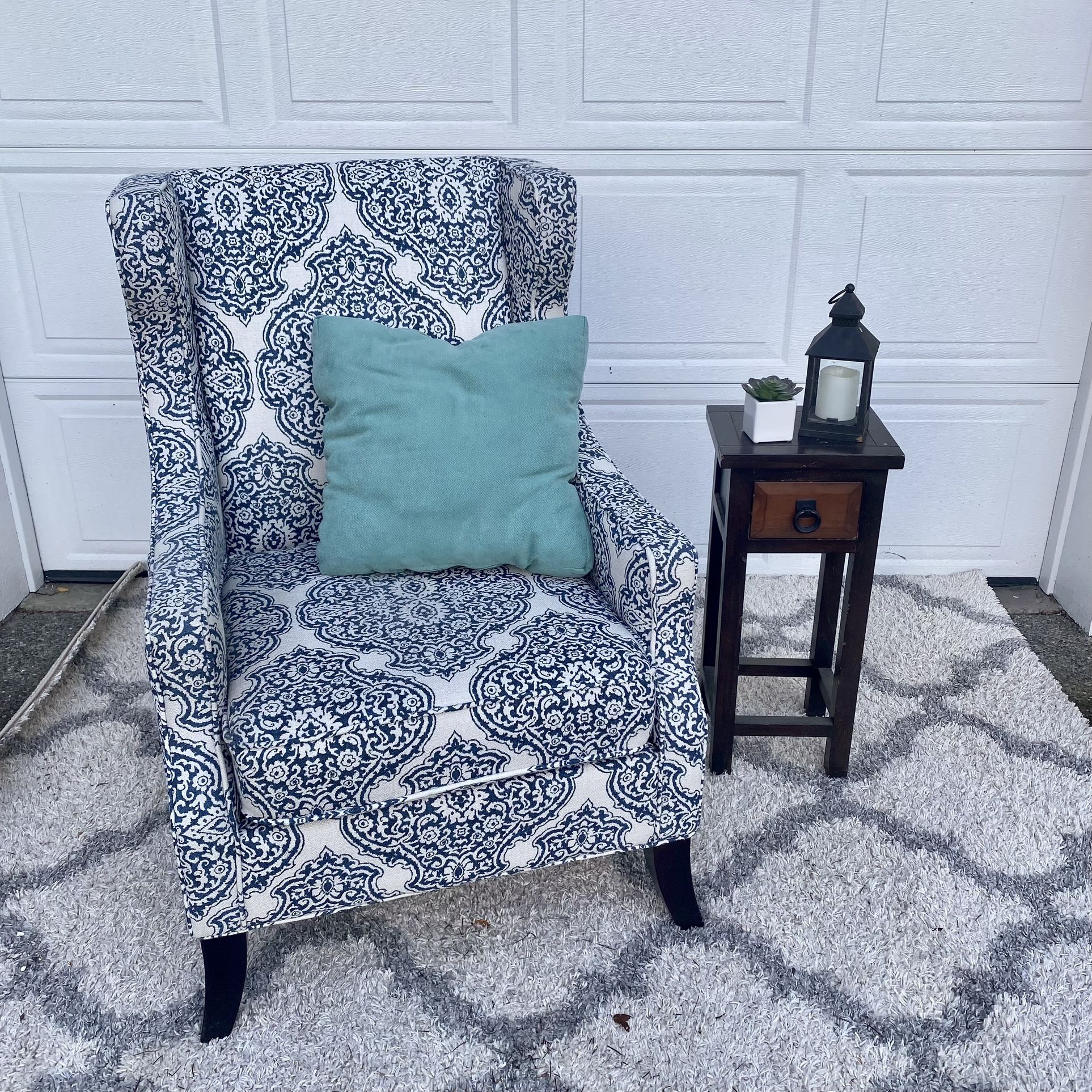 Navy Damask Wingback Armchair