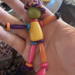 Wood/ Gem Bead Man Keychain With Woven Hat