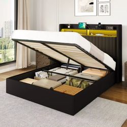 Queen Hydraulic Lift Storage Bed with LED Headboard, 2-Tier Shelves & Velvet Upholstery,Black
