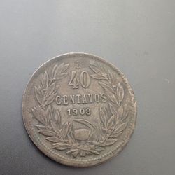 1908s Chile Silver Forty Centavos Rare Coin