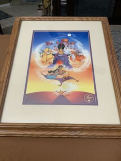 NEW Disney's Aladdin The Disney Channel Exclusive Commemorative Lithograph In Brown Frame ( 23” x 19” ) with Certificate From The Walt Disney Company