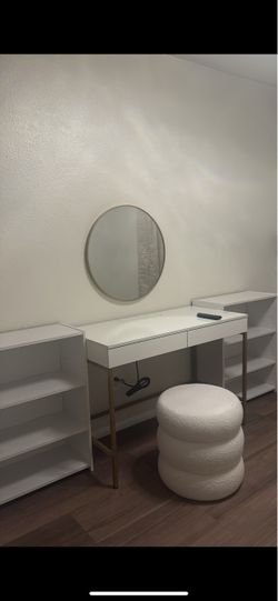 White and Gold Vanity Desk with Drawers