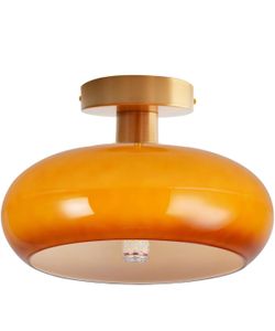 Glass Flush Mount Ceiling Light Gold Brass Modern Close to Ceiling Light Fixtures with Orange Dome Glass Shade 11" Indoor Ceiling Lamp for Hallway Bed
