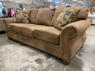 ASHLEY FURNITURE Plush Speckled Brown Roll Arm 3 Seat Sofa with Nailhead Trim and Wooden Bun Feet