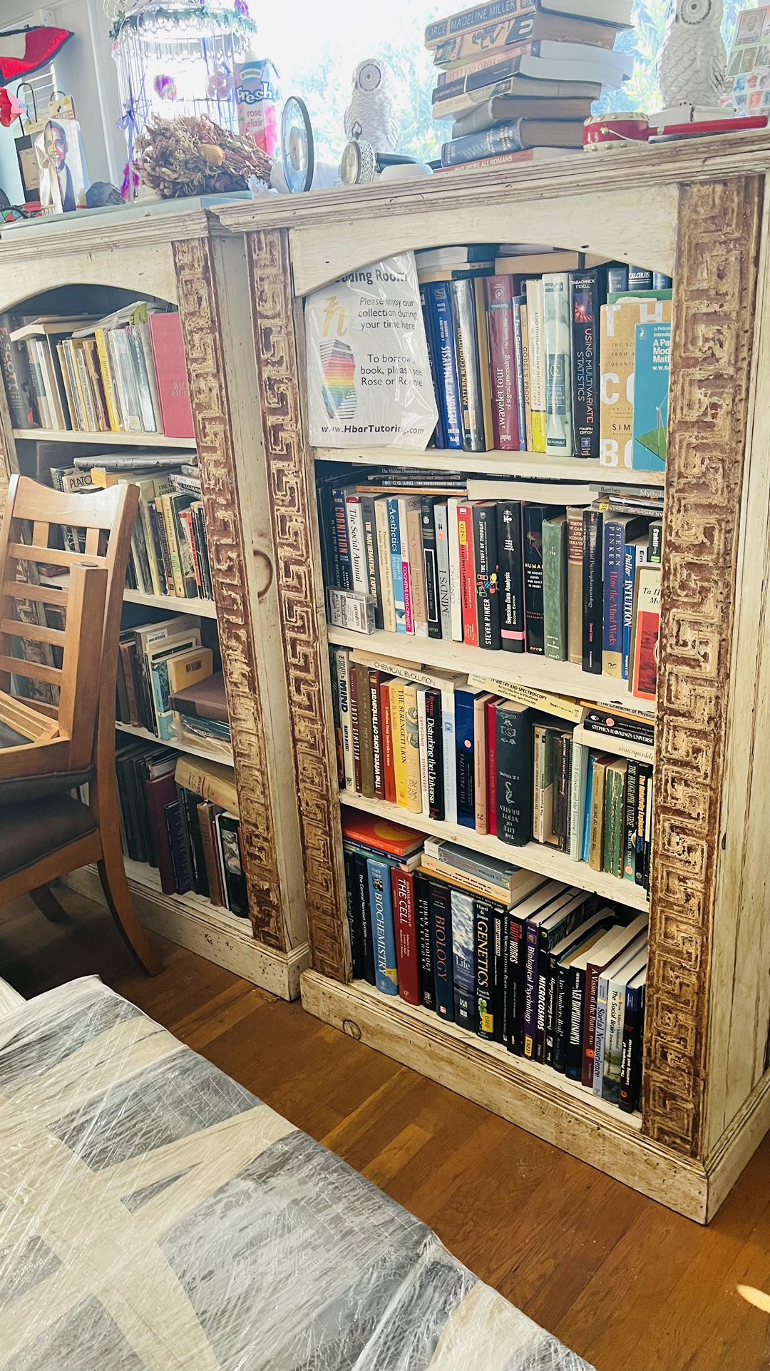 Two bookshelves — rustic and Greek bookshelf