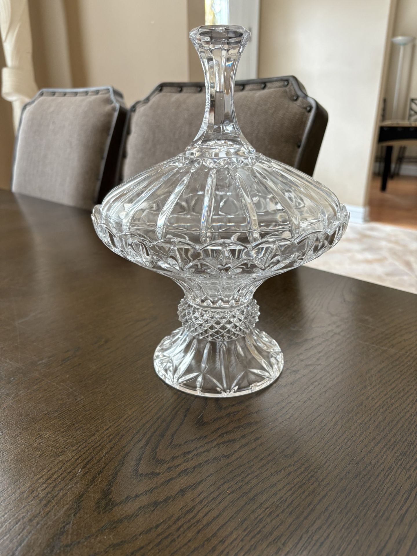 Shannon Irish Crystal Covered Pedestal Candy Dish. Mint condition 11” tall. 