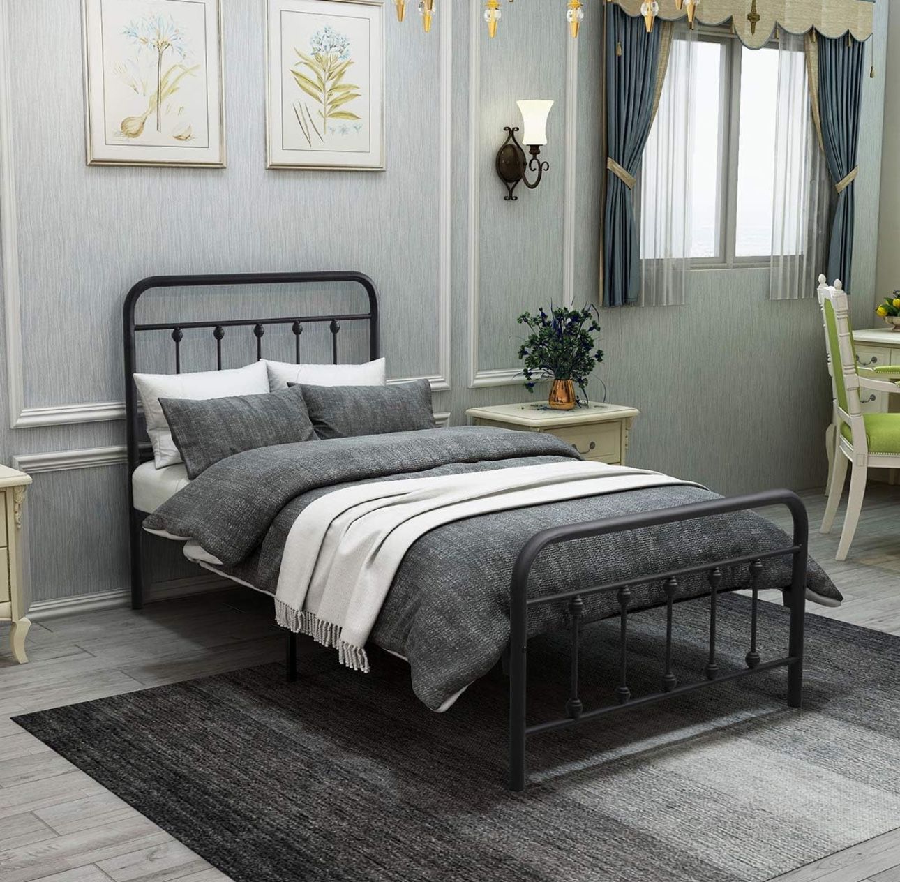 Metal Twin Bed Frame with Vintage Headboard and Footboard 
