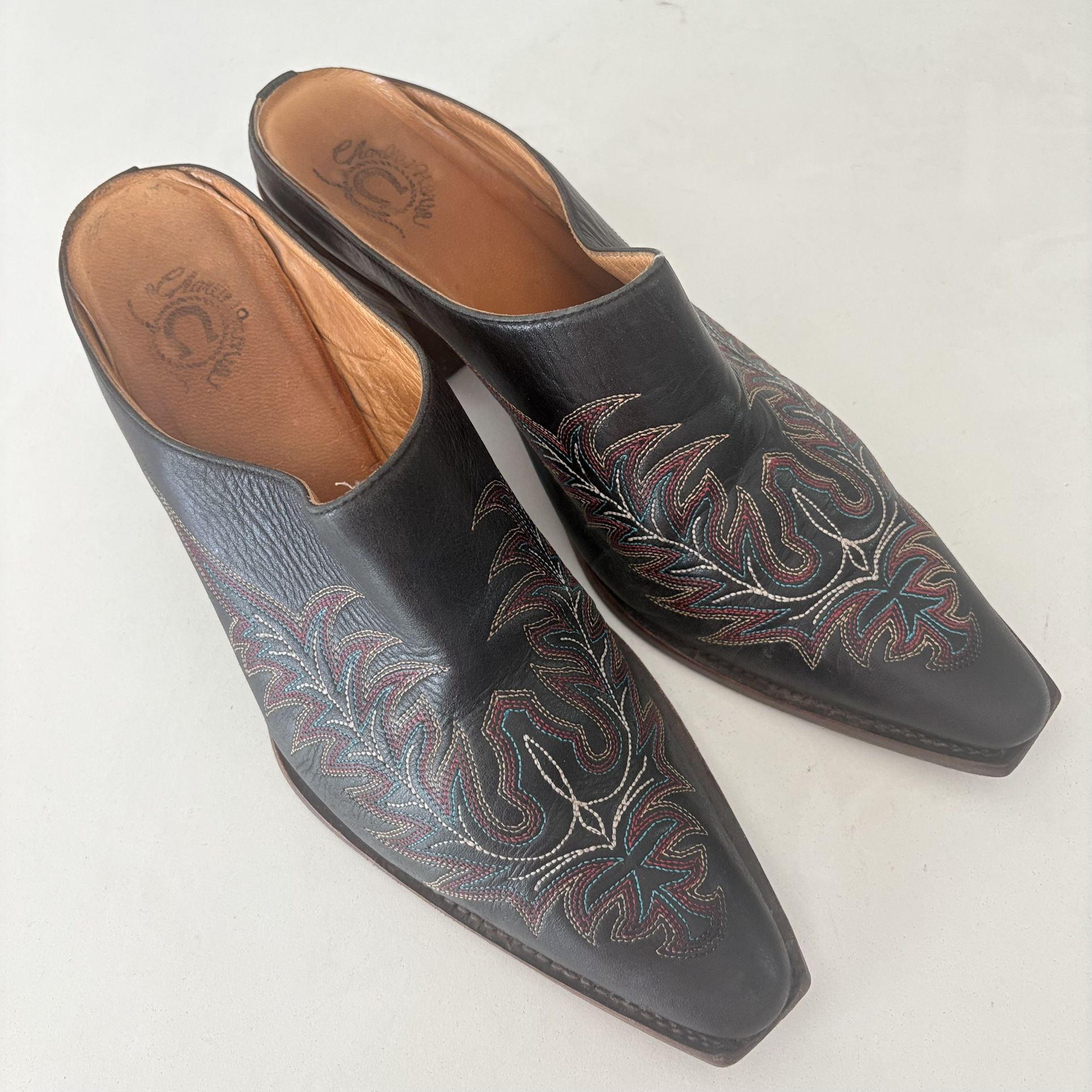 Charlie 1 Horse by Lucchese Black Leather Western Slip On Mules Boots Women Sz 9