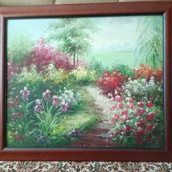 Painting of Flowers in a Field 28" x 24" W Brown Frame