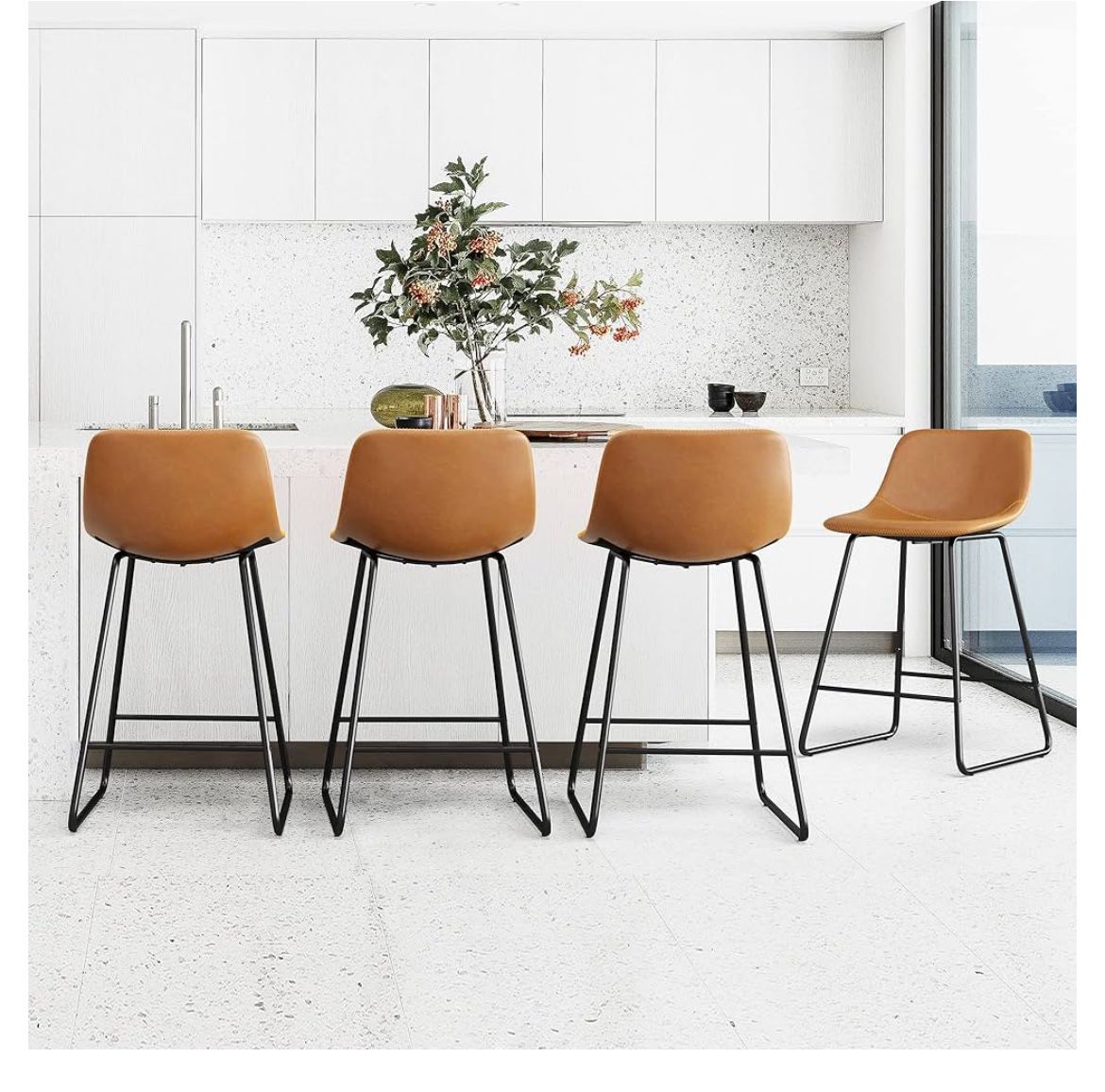 Bar Stools Set of 4, 24" ALX Faux Leather Barstools, Modern Counter Height Stools with Back and Metal Legs, Armless Counter Chairs for Kitchen Island,