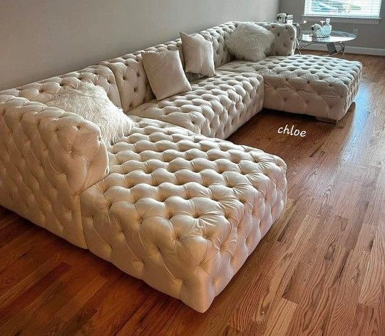 ● Coco Velvet White Sectional Sofa Couch Living Room Set 