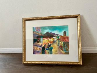 Mexico Market At Night Fall Watercolor Painting By Mario Corelli 18/22 Inches