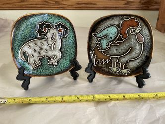 Pair Of Mini Ceramic Plates On Stands With Rooster And Ram