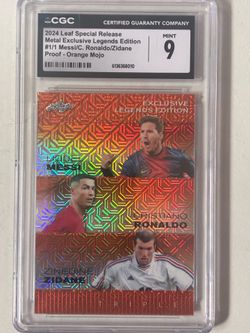 Lionel Messi / Cristiano Ronaldo / Zinedine Zidane 2024 Leaf Special Release Metal Exclusive Legends Edition Proof - Orange Mojo #NNO #1/1 (CGC 9)