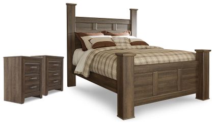 Juararo Dark Brown Queen Poster Bed, and 2 Nightstands (Online Special Price)
