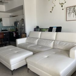 White leather Sectional Couch with Ottoman