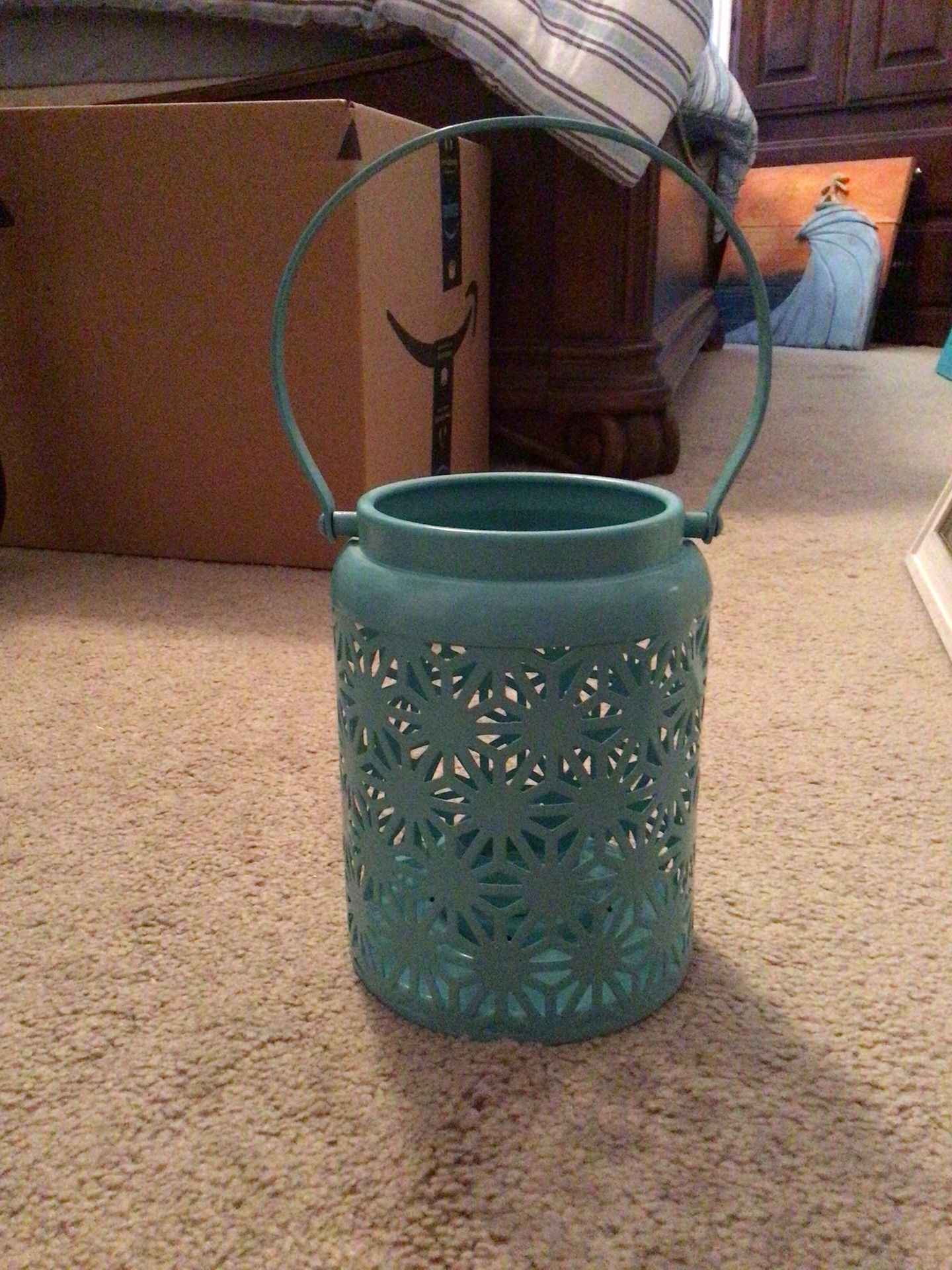 Teal Tea Light Holder - Metal 6 1/2” High Without Handle
