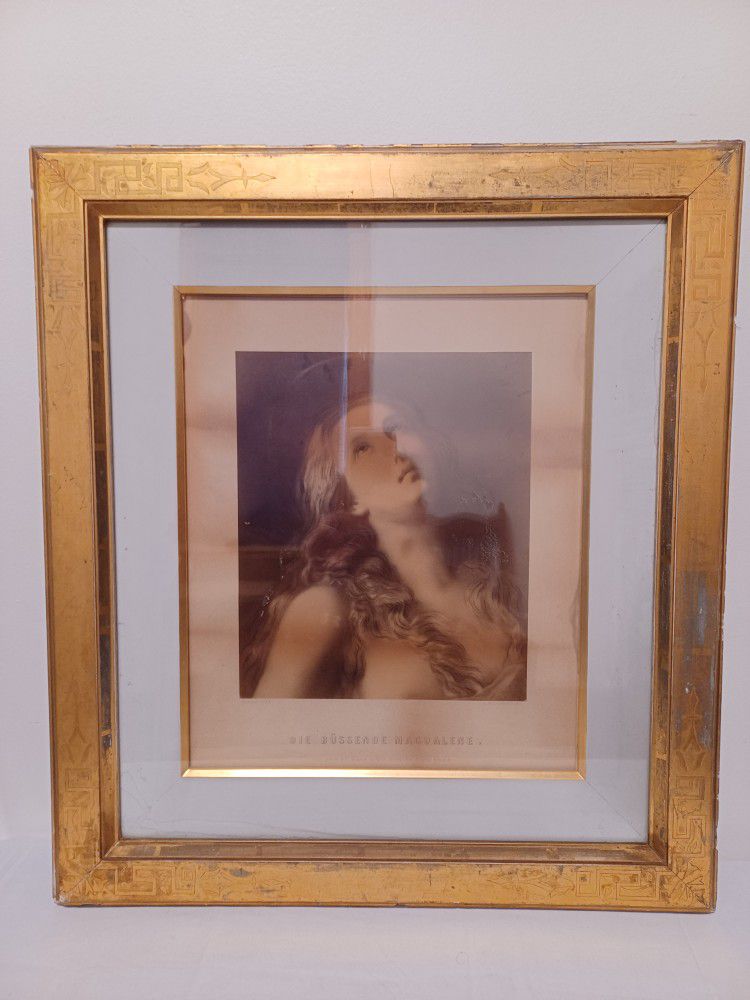 Antique Die Bussende Magdalene Art 1880 Print In Beautiful Gilded Frame Double Raised Matting 22.5'x20.5'