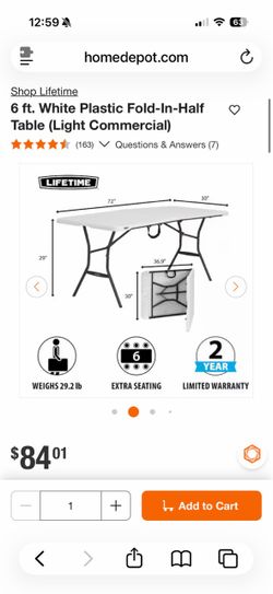 Lifetime 6 ft White Fold-In-Half Table