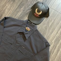 Vintage Harley Davidson Button Up Shirt & Leather Hat Combo