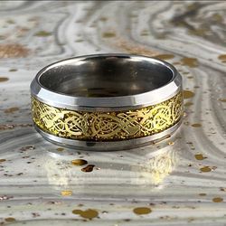 8mm Gold & Silver Celtic Dragon Ring, 316L Stainless Steel Ring, Wedding Band, Comfort Fit, Promise Ring, Thumb, Father's Day Gift for Him