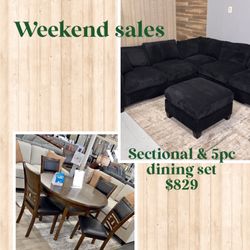 Weekend Sales! Sectional Sofa With Ottoman & 5-pc Round Dining Table Set ✅ $829 No Tax 