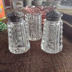 Antique Cut Crystal Salt & Pepper Shakers Toothpick Holder with Silver Lids  
