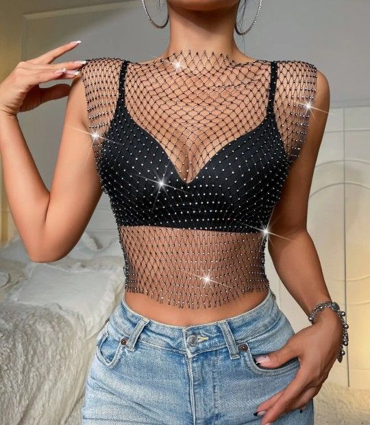 BLACK FISHNET WITH RHINESTONE TANK TOPS