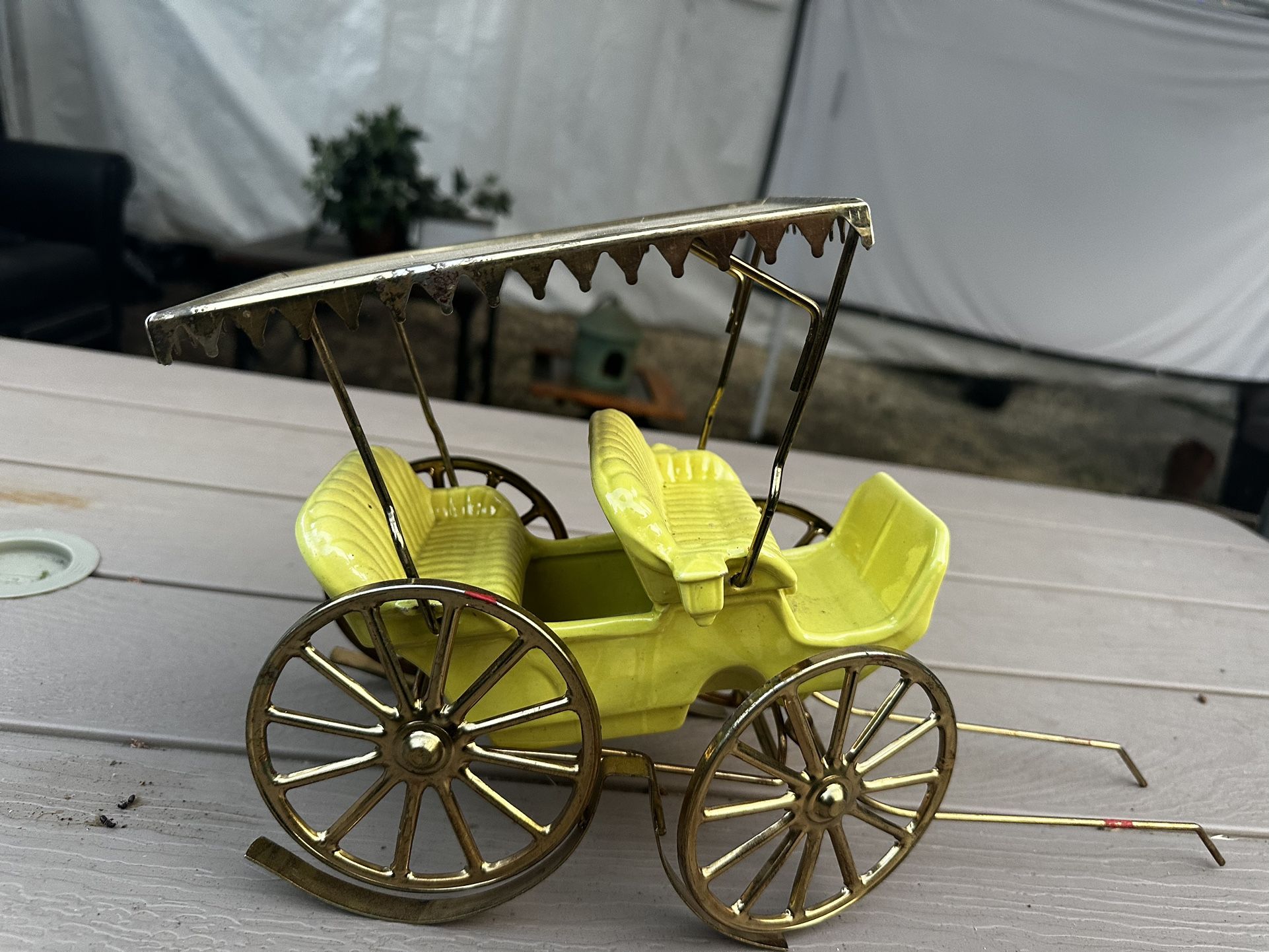 Vtg MCM Met Lox Metlox Carriage Horse Drawn Pottery Buggy Green Brass 1950's