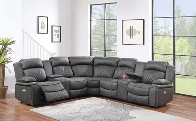 Brand New Charcoal Gel leatherette Power Reclining Sectional Sofa with USB Ports & Console