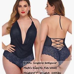 Plus Size Black Halter Neck Lace Babydoll One Piece Bodysuit