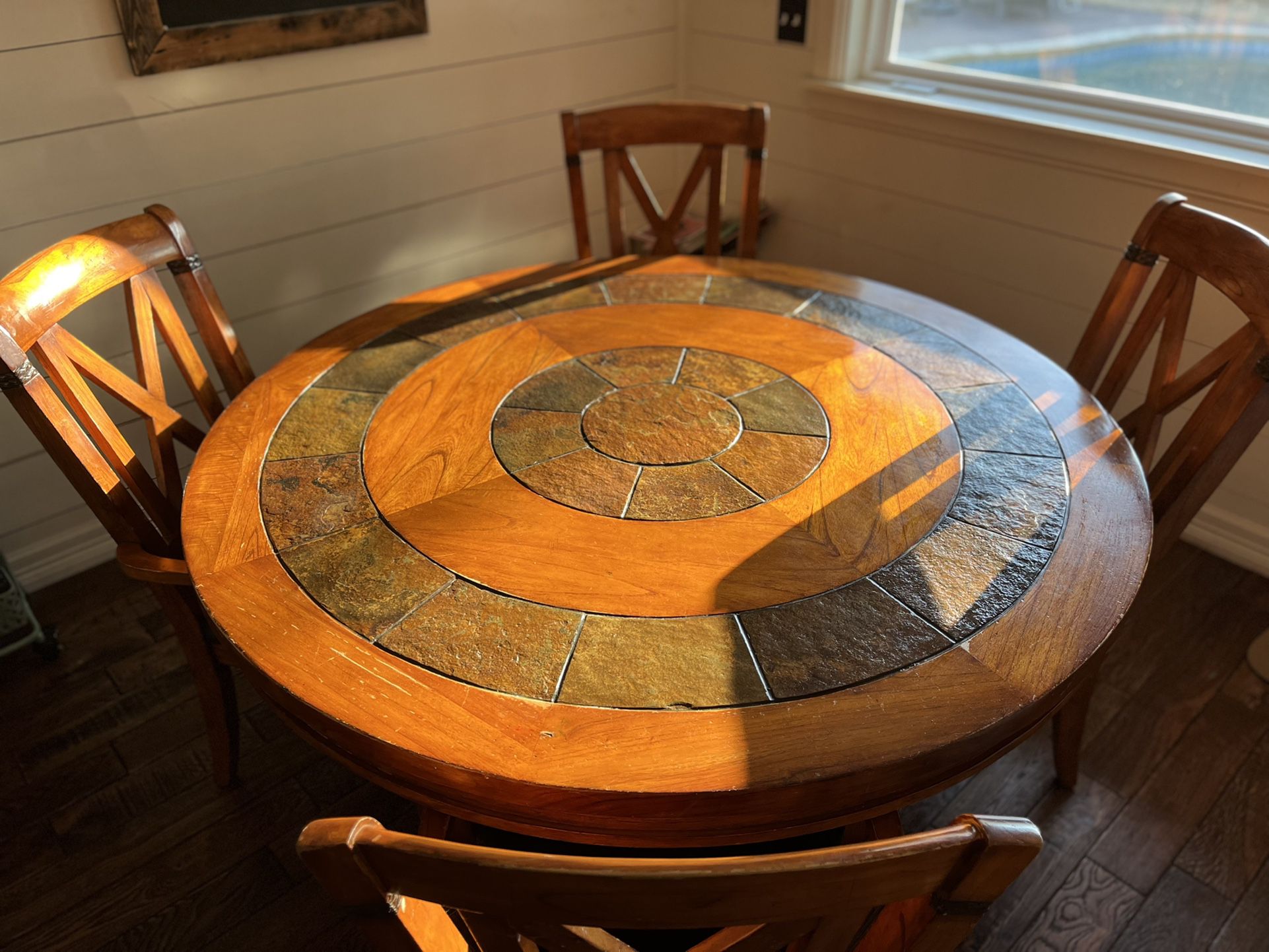 60” Round Wooden/Stone Dining Table Set