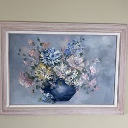 Framed Floral Oil, Painting, Soft, Pastel Bouquet