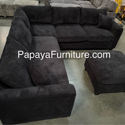 New! Black Sectional Sofa And Ottoman, Black Couch, Black Corduroy Sectional. L-Shaped Sofa, Couch, Sectionals, Black Sofa, Black Sectional,Plush Sofa