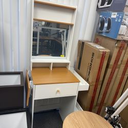 Small Vanity Desk with Mirror and Lights - Compact Makeup Dressing Table with Fold-up Panel & Side Storage Shelf for Small Spaces, 
