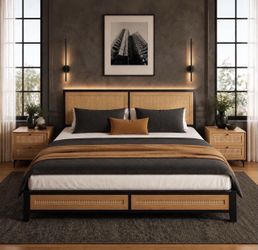 King Size Rattan Bed Frame with Headboard with 12 Inch King Mattress Cooling Hybrid, Gel Memory Foam & Pocket Coils.