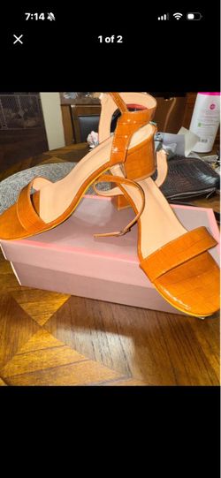 Orange Croc-Embossed Block Heel Sandals