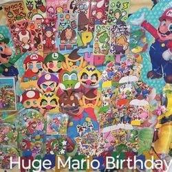 Super Mario Bros. Happy birthday Party  Decorations, Tableware, Treatbags with Party Favors, and Bean Bag Toss Party Game. 
