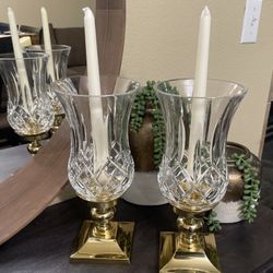 Pair of Vintage Waterford Crystal Hurricane Candle Lamps with Solid Brass Base 11” High