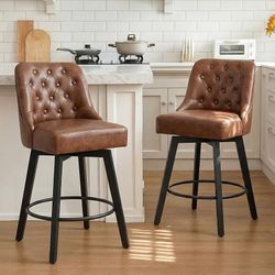 Counter Height Swivel Barstools with Back,26" H Seat Height Upholstered Bar Stools for Kitchen Island,Set of 2,Brown Leather