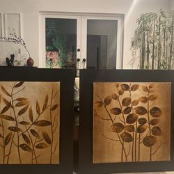 Two Canvas mounted on a dark wood frame