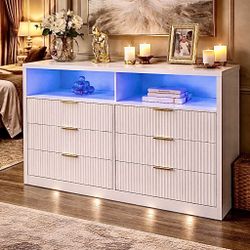 Fluted 6 Drawer Dresser With Power Outlet And Led Lights,Modern Chest Of Drawers With Charging Stati